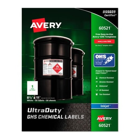 Avery Dennison Avery Full-Sheet GHS Chemical Waterproof & UV Resistent Labels, Inkjet, Letter, 50/Pack 60521